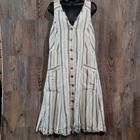 Maeve Dresses & Skirts - Maeve by Anthropologie Leslie Textured Stripe Dress 16 Button Front Linen Blend